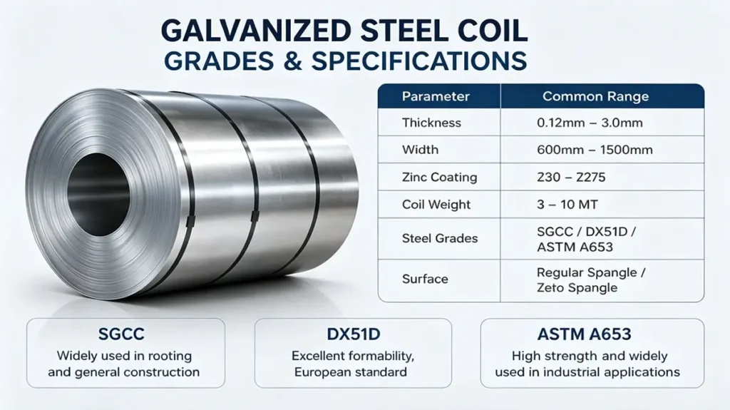 SGCC DX51D ASTM A653 galvanized steel coil specifications including zinc coating thickness, width, thickness, and industrial applications