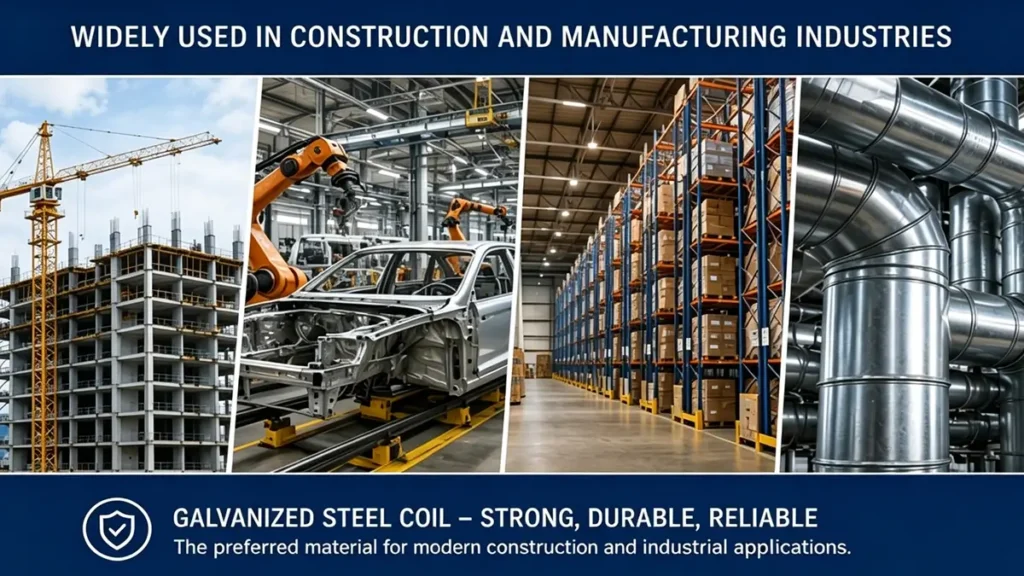 Galvanized steel coil widely used in construction projects, automotive production lines, industrial warehouses, and HVAC duct systems for long-term corrosion protection