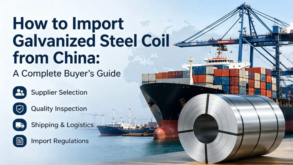 Hot dip galvanized steel coil import guide from China with container shipping, steel coil supplier selection, quality inspection, and international logistics process
