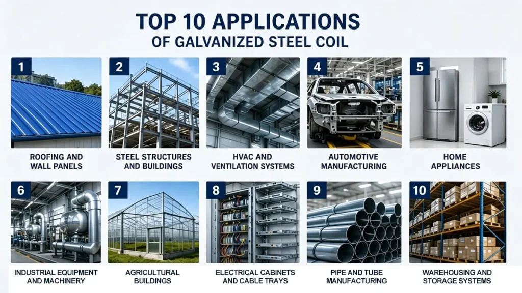 Applications of galvanized steel coil in roofing systems, automotive manufacturing, HVAC ventilation, appliances, warehouses, and steel structures