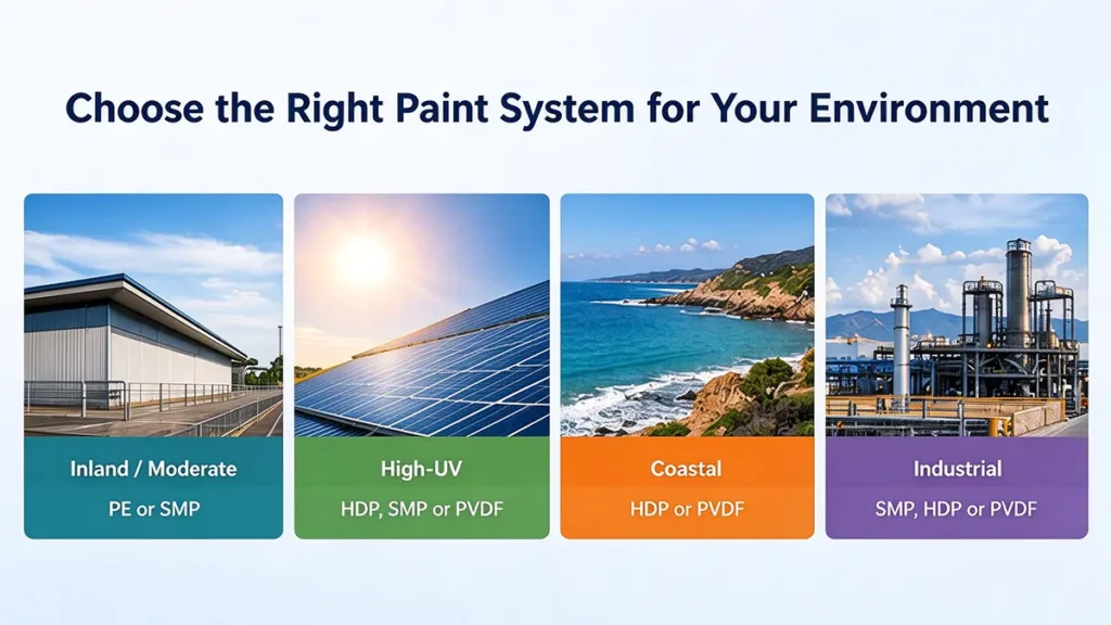 PPGI coating selection for inland high UV coastal and industrial environments