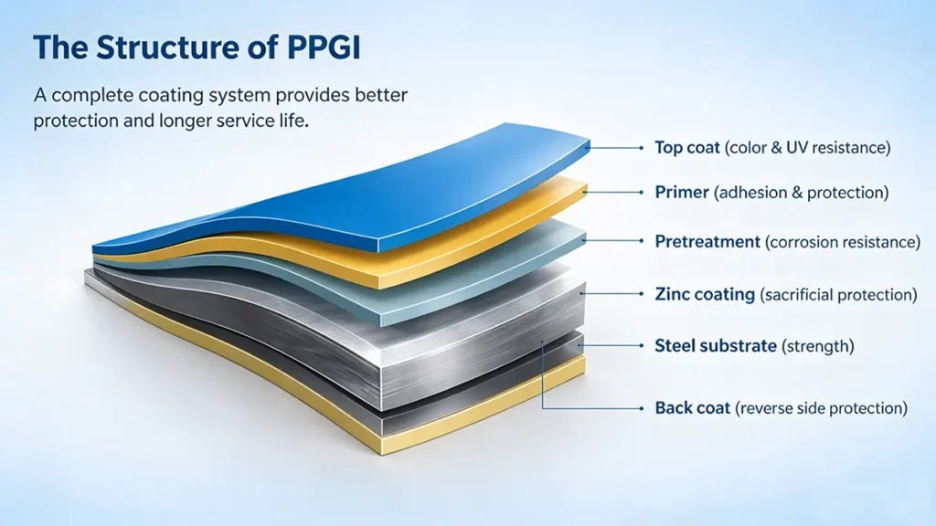 PPGI coating structure showing steel substrate zinc coating primer and topcoat