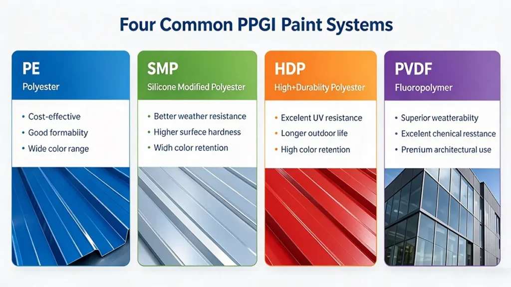 PE SMP HDP and PVDF coating systems for PPGI steel coils
