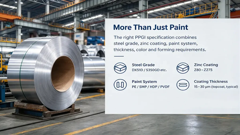 PPGI steel coil specifications including zinc coating paint system and coating thickness