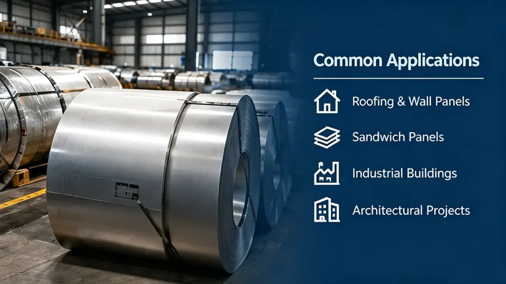 PPGL steel coil applications for roofing, wall panels, sandwich panels and buildings