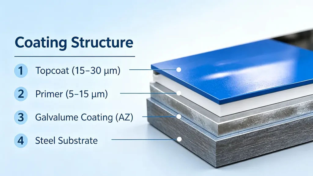 PPGL steel coil coating structure with Galvalume AZ coating, primer and topcoat