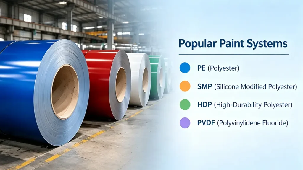 PPGL steel coil paint systems including PE, SMP, HDP and PVDF coatings