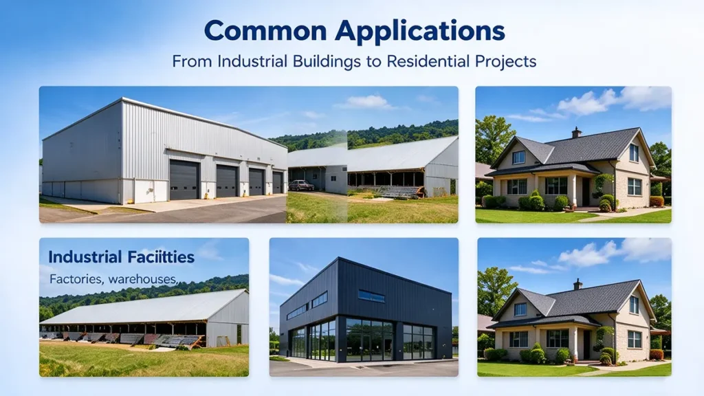 Corrugated metal roofing used on industrial facilities, warehouses, agricultural buildings, commercial properties, and residential structures.