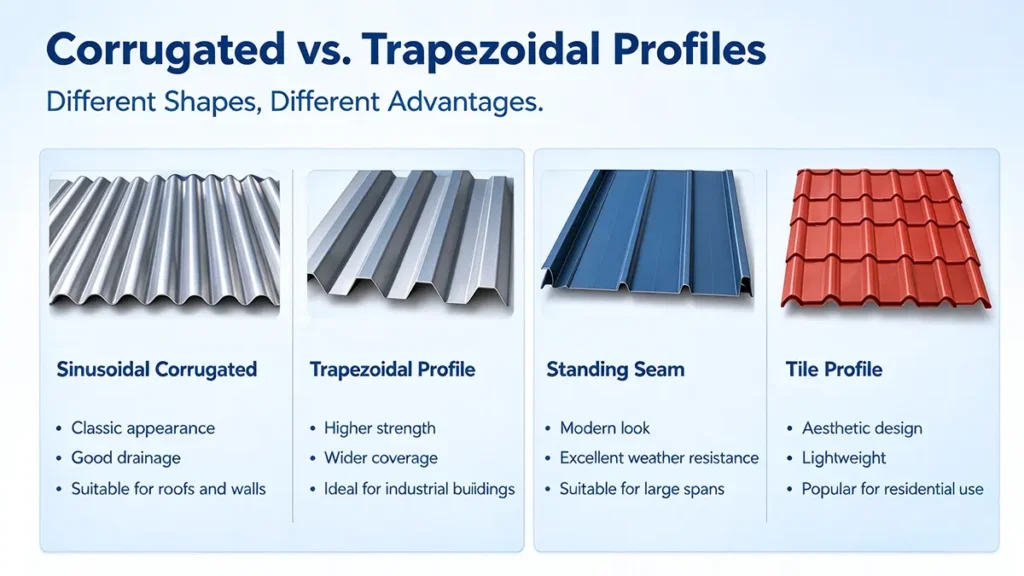 Comparison of sinusoidal corrugated, trapezoidal, standing seam, and tile-profile metal roofing panels.