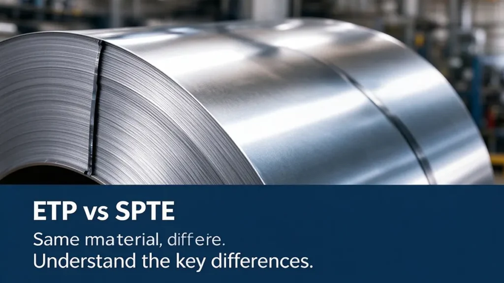 Close-up of reflective electrolytic tinplate steel coil used in ETP and SPTE applications.