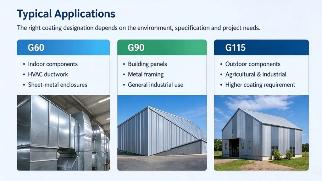 Typical applications of G60, G90 and G115 galvanized steel in HVAC ductwork, building panels and outdoor structures