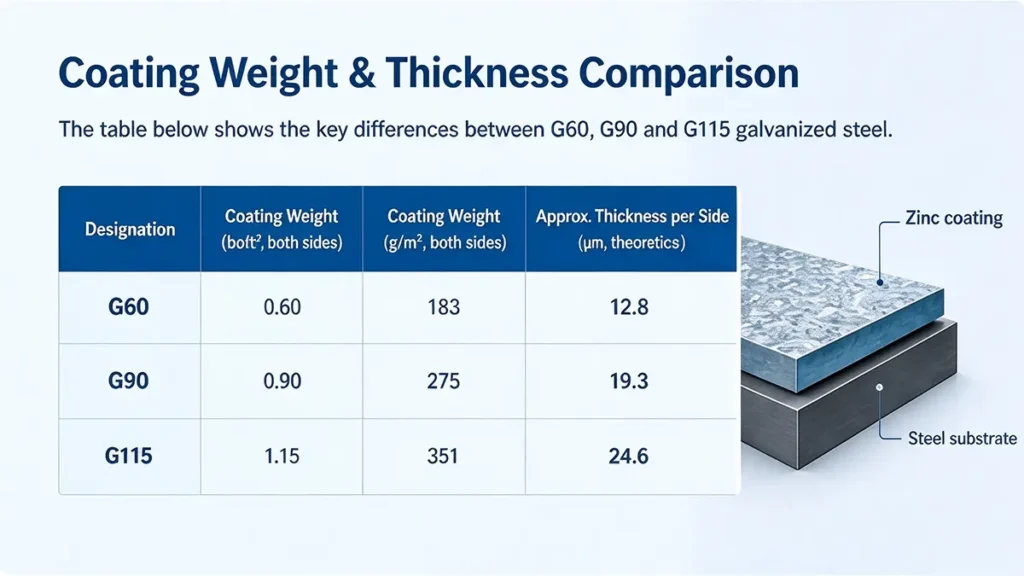 Comparison of G60, G90 and G115 galvanized steel coating weights, metric equivalents and approximate zinc thickness per side