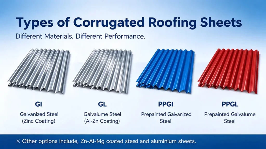 Comparison of GI galvanized, GL Galvalume, PPGI prepainted galvanized, and PPGL prepainted Galvalume roofing sheets.
