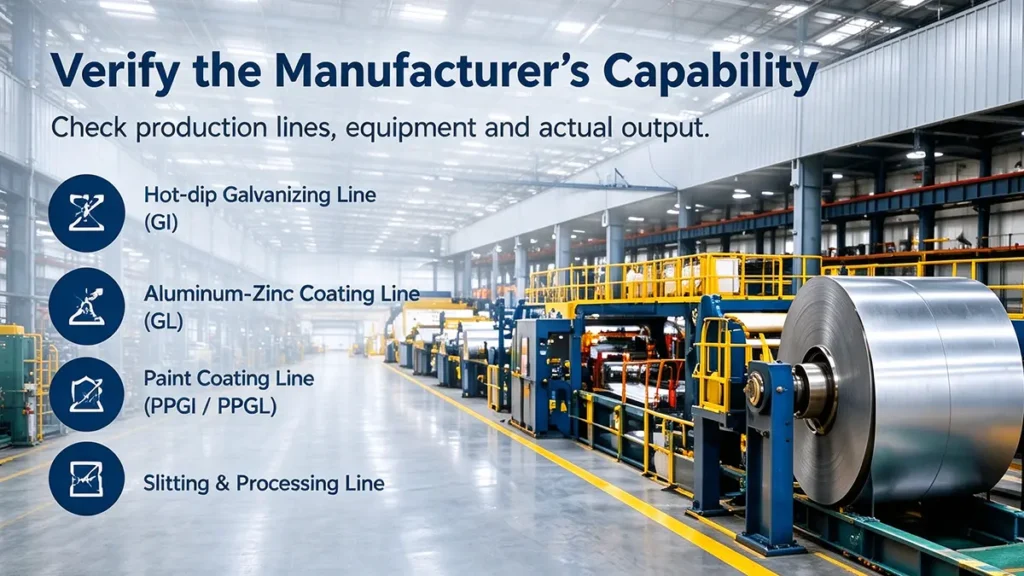 Steel coil manufacturing facility with production lines and steel coils