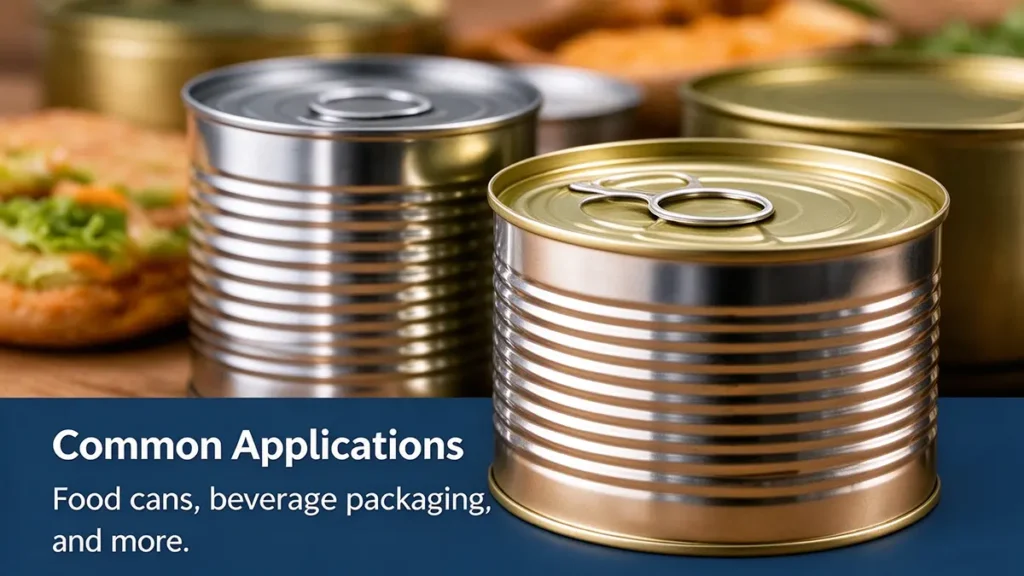 Tinplate steel cans used for food packaging and other metal container applications.