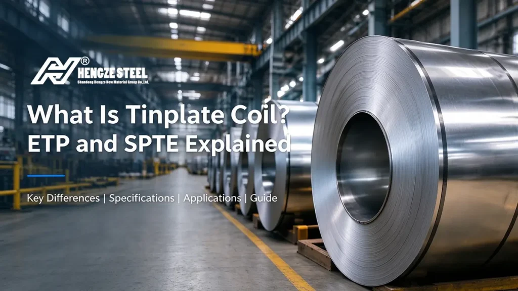 Tinplate steel coils in an industrial warehouse illustrating ETP and SPTE tin-coated steel products.